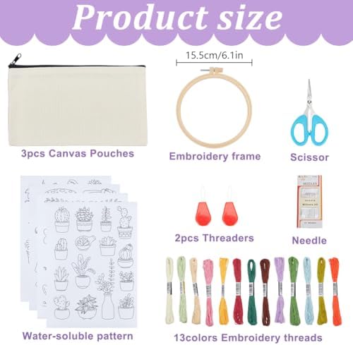 WEBEEDY 3 Sets DIY Embroidery Makeup Pouch Kit Complete Pouch Bag Set with Plants Water-Soluble Patterns, Embroidery Hoop, Thread, for Beginners Women Birthday Sewing Gift, 4.72 * 8.07INCH - Image 2