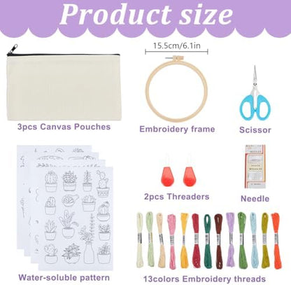 WEBEEDY 3 Sets DIY Embroidery Makeup Pouch Kit Complete Pouch Bag Set with Plants Water-Soluble Patterns, Embroidery Hoop, Thread, for Beginners Women Birthday Sewing Gift, 4.72 * 8.07INCH - Image 2