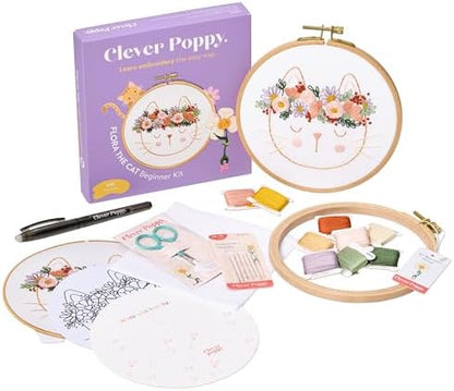 Clever Poppy Flora the Cat Beginner Embroidery Kit – Easy Embroidery Kit for Beginners with Hoop, Thread & Patterns – Hand Embroidery Kit for Adults and Teens – Complete Embroidery Starter Kit by CleverPoppy