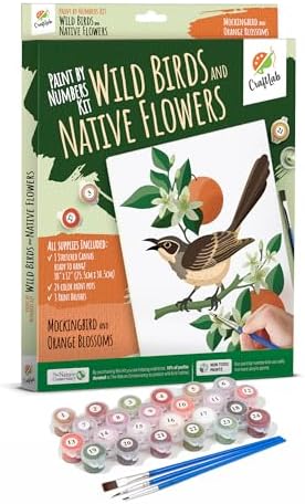 CraftLab Painting Kit - Paint by Numbers for Adults, Acrylic, Canvas, Brushes, Mockingbird & Orange Blossoms by CraftLab