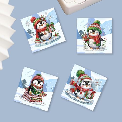 jinglinhh 6pcs Diamond Art Painting Christmas Penguin Greeting Cards with Envelopes, DIY Card Making Kits for Adults, Diamond Art Postcards Holiday Cards Craft Gifts - Image 3
