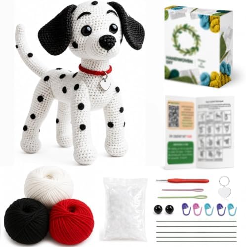 DIY Crochet Dalmatian Dog Kit for Beginners – Amigurumi Spotted Dog Stuffed Animal Knitting Kit with Yarn, Safety Eyes, Heart Tag & Instructions – Easy Beginner Crochet Craft Gift for Adults by FaceNFace