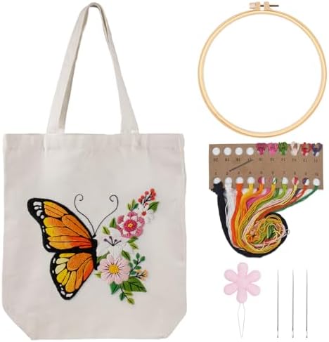Louise Maelys Embroidery Kit Canvas Tote Bag for Beginners with Butterfly by LouiseMaelys