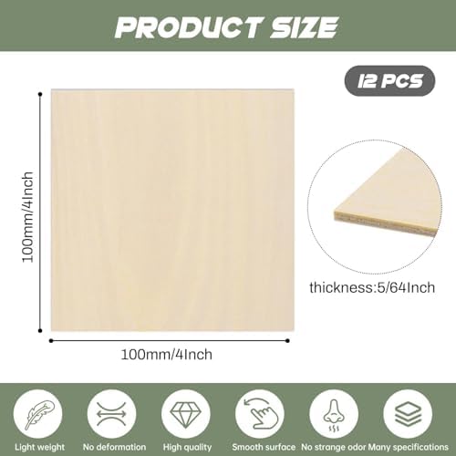12 Pack Plywood Sheets, 4" x 4"x 5/64" Basswood Sheets - Image 2