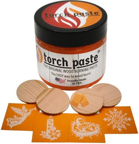 Torch Paste Vintage Christmas Ornament/Coaster Kit the Original Wood Burning Paste | 4 Reusable Stencils | Candle, Manger, Snowflake, Angel | 2 Squeegees | 4 Wood Rounds by TorchPaste