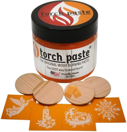 Torch Paste Vintage Christmas Ornament/Coaster Kit the Original Wood Burning Paste | 4 Reusable Stencils | Candle, Manger, Snowflake, Angel | 2 Squeegees | 4 Wood Rounds by TorchPaste