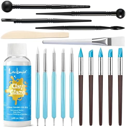 17PCS Silicone Clay Sculpting Tools, Dual-Ended Dotting Tools Set with 1.7 FL OZ Air Dry Clay Glaze for Pottery, Ceramic Modeling, Rock Painting, Art Blending - Ideal for Adults & Kids DIY Crafts by lockmio