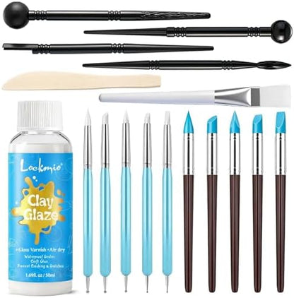 17PCS Silicone Clay Sculpting Tools, Dual-Ended Dotting Tools Set with 1.7 FL OZ Air Dry Clay Glaze for Pottery, Ceramic Modeling, Rock Painting, Art Blending - Ideal for Adults & Kids DIY Crafts by lockmio