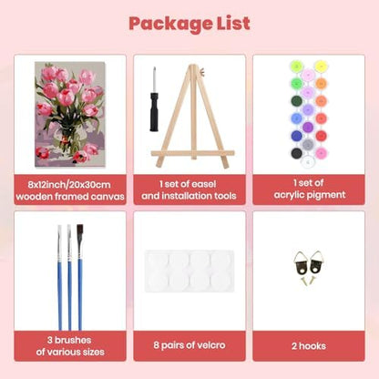 MXJSUA Pink Tulips Framed Paint by Numbers Kit for Adults Beginner with Wooden Easel, Adults' Paint-by-Numbers on Canvas, Easy DIY Acrylic Number Painting for Home Decor Gifts, 8x12 inch - Image 7