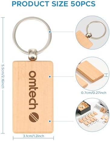 OMTech Wooden Keychain Blanks, Wood Key Chain Bulk, Unfinished Wooden Key Rings Key Tags for Laser Engraving DIY Craft Gift - Image 2