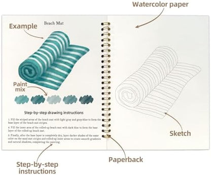 Watercolor Workbook, Water Coloring Book, 12 Different Patterns of Original DIY Designs, 18 Colors Watercolor Set, Beginner-Friendly Watercolor Workbooks (Beach), Perfect Gifts for Adults - Image 3