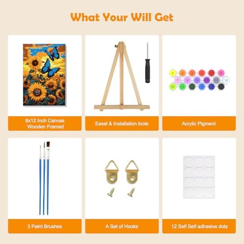 MOGTAA Sunflowers Paint by Numbers Kit for Adults Beginners with Frame, Butterfly Adult Paint by Number Kits on Canvas with Easel, Easy DIY Oil Painting Kits for Home Decor, 8x12in - Image 5