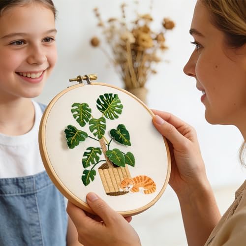 Monstera Embroidery Kits for Beginners Adults, Cat Hand Embroidery Kits, Potted Plant Cross Stitch Kits for Beginners DIY Craft Kits for Adult Women, Entire Set of Embroidery Supplies & Video Tutorial - Image 4