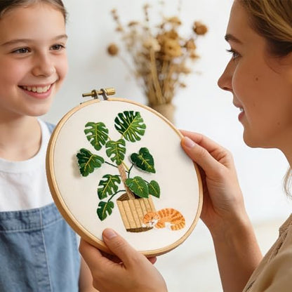 Monstera Embroidery Kits for Beginners Adults, Cat Hand Embroidery Kits, Potted Plant Cross Stitch Kits for Beginners DIY Craft Kits for Adult Women, Entire Set of Embroidery Supplies & Video Tutorial - Image 4