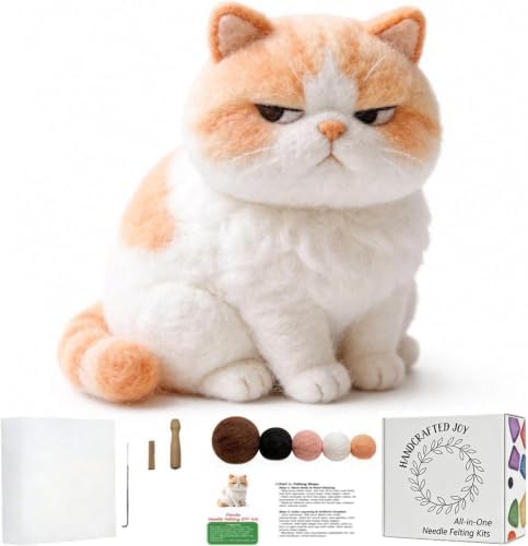 FACE N FACE DIY Needle Felting Kit Cute Grumpy Exotic Shorthair Cat – Needle Felting Starter Kit with Fiber Roving, Needles, Felting Pad & Instructions | Felted Cat Kit for Beginners Adults by FaceNFace