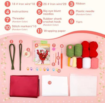 Iuuidu Crochet Kit for Beginners, Flower Bouquet Crochet Kit Rose Red - Image 2