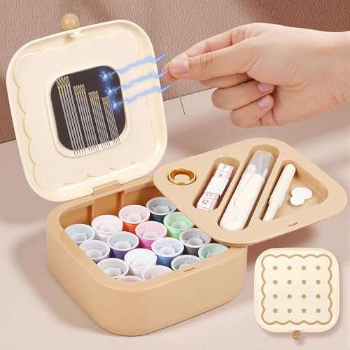 LOTOFUN Small Sewing Kit Box: Cookie Design Portable 2-Layer Organizer Magnetic Needle and Thread Kits Holder Basic Case - Travel Emergency Clothes Repair for Adults (Beige) by LOTOFUN
