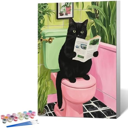 Framed Paint by Numbers Kit for Adults, Black Cat Bathroom Decor 8x12 Inch by Okarina
