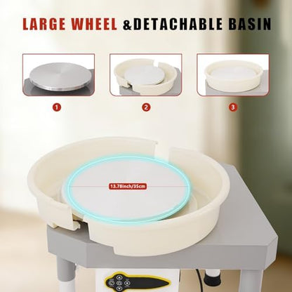 14" 450W Electric Pottery Wheel with LCD Panel Adjustable Speed Foot Pedal,Detachable Basin,Heighten Desk Legs,Clay Toolfor Kids, Adults, Beginners, Home DIY & Professional Pottery Making - Image 5