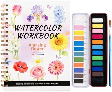 Flower Watercolour Workbook Kit for Beginners, 10.5"x7.5" Oversized Art Set with 12Paints, 14 Pre-Outlined Floral Designs & Step-by-Step Guide for Adults & Teens by Unknown