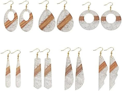 FASHEWELRY 14Pcs Resin Wood Earring Charms - Silver Foil Wooden Earring Blanks - Geometry Boho Charms - Round & Teardrop Pieces for Jewelry Making - Image 5