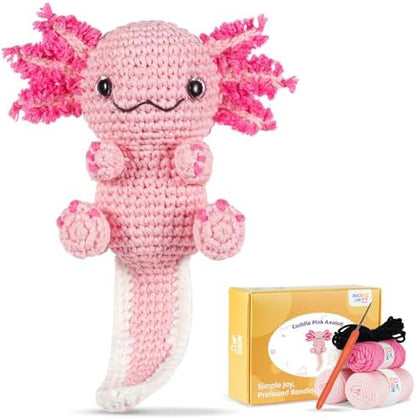 MOREJMTT Crochet Kit for Beginners, Learn to Crochet, Include Easy Knitting Soft Yarn, Step-by-Step Video Tutorial, Hook, Holiday Birthday Gift for Adults (Happy Axolotl) by MOREJMTT