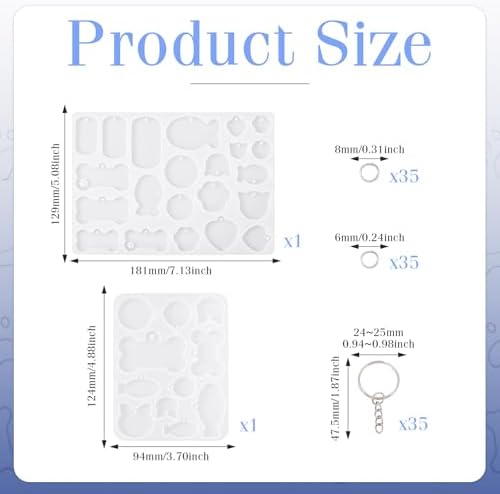Pet Tag Silicone Mold Keychain Resin Molds Dog Bone Heart Fish Cat Paw Resin Casting Molds & 35Pcs Key Rings 70Pcs Jump Rings for DIY Keychain Dog Collar Earring Jewelry Making - Image 2
