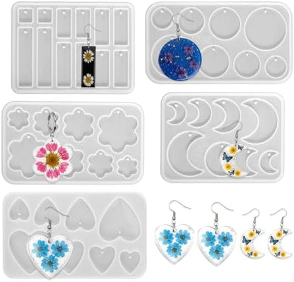 Resin Earring Molds, 5 PCS Epoxy-Resin Jewelry Mold Silicone Jewelry Pendant Mold Dangle Drop Earrings Resin Casting Molds with Built-in Holes for Earrings, Necklace, Pendants, Keychains Making by Unknown