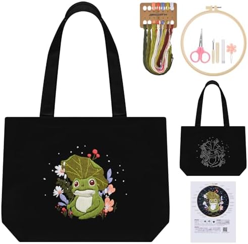 ERKOON Embroidery Canvas Tote Bag for Beginners, Floral Arts Crafts Cross Stitch Kits for Adults Including Stamped Embroidery Bag with Hoops, Needle, Instruction and Color Threads (Frog) by ERKOON