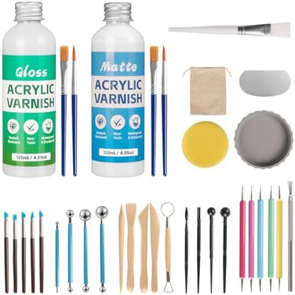 Sovol 240ml Air Dry Clay Glaze Varnish Gloss&Matte w/ 33pcs Clay Tools kit by Sovol