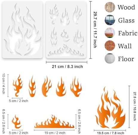 2Pcs Flame Wall Stencil Templates 11.7 x 8.3 Inch Reusable Plastic Fire Stencils for Painting on Wood Wall Floor Fabric Glass Furniture, Flame DIY Home Decor Or Craft Stencils - Image 2