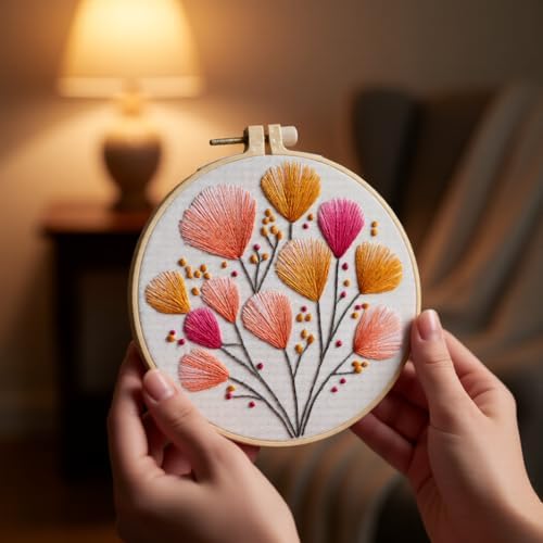 JJFox Embroidery Kit for Beginners and Adults, DIY Hand Embroidery Starter Kit with Cute Pattern, Cross Stitch Needlepoint Set with Hoop, Threads and Instructions (Flower-2) - Image 3