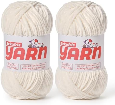 2 Pack Plush Chunky Chenille Yarn for Crocheting, Soft Fluffy Velvet Yarn for Crocheting Amigurumi, Fuzzy Baby Blanket Knitting 200g/262yds Bulky(2 White) by Sekafris