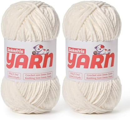 2 Pack Plush Chunky Chenille Yarn for Crocheting, Soft Fluffy Velvet Yarn for Crocheting Amigurumi, Fuzzy Baby Blanket Knitting 200g/262yds Bulky(2 White) by Sekafris