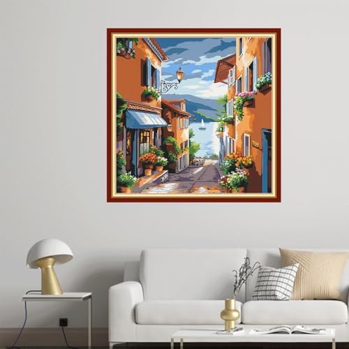 Joyhoor Cross Stitch Kits for Beginners Stamped Cross-Stitch Supplies Needlework preprint Embroidery Kits for Adults DIY Needlepoint Kit Embroidery Patterns 11CT-Seaside Street Scenery 18x18 inch - Image 2