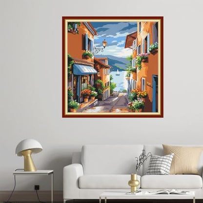 Joyhoor Cross Stitch Kits for Beginners Stamped Cross-Stitch Supplies Needlework preprint Embroidery Kits for Adults DIY Needlepoint Kit Embroidery Patterns 11CT-Seaside Street Scenery 18x18 inch - Image 2