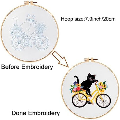 Louise Maelys Cat Bicycle Embroidery Kit for Beginners Floral DIY Craft - Image 3
