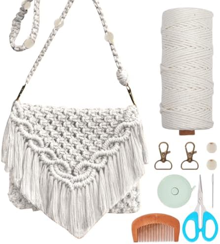 INFUNLY White DIY Macrame Bag Making Kit Boho Macrame Shoulder Bag with Tassels Macrame Knotting Tote Bag Kit for Adults Beginners Macrame Kit for Holiday with Video Instruction for Women Beach Gift by INFUNLY