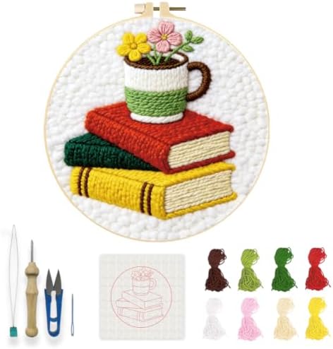 INFUNLY Books Flowers Punch Needle Kit for Beginners Floral Punch Needle Embroidery Kits for Adults 8.7''x8.7'' DIY Punch-Stitching Kit with Instruction Threader Needles Round Hoop for Wall Decor by INFUNLY