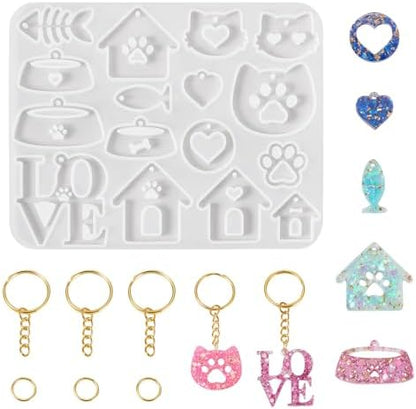 Pet Tag Silicone Mold DIY Keychain Silicone Molds Kit Pet Home Love Heart Cat Puppy Bowl Resin Casting Molds & 10Pcs Key Rings 30Pcs Jump Rings for DIY Keychain Collar Earring Jewelry Making by Spritewelry