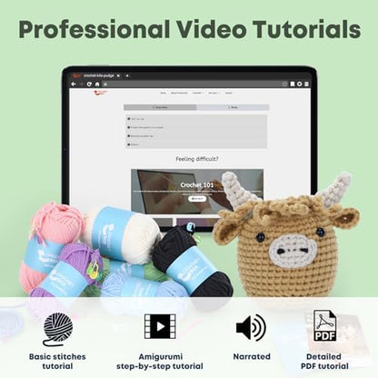 Crochet Kit for Beginners: Highland Cow Crochet Kit, Learn to Crochet, Include Easy Knitting Soft Yarn, Step-by-Step Video Tutorial, Hook, Holiday Birthday Gift for Adults and Teen(30%+ Yarn) - Image 4