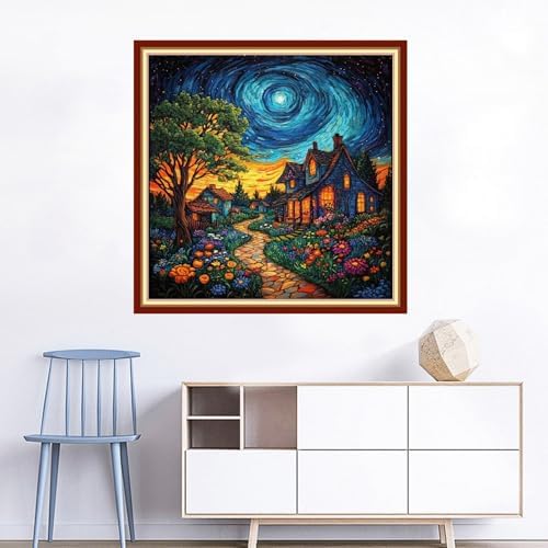 Joyhoor Cross Stitch Kits for Beginners Stamped Cross-Stitch Supplies Needlework preprint Embroidery Kits for Adults DIY Needlepoint Kits Embroidery Patterns 11CT-Starry Night Home 18x18 inchs - Image 2