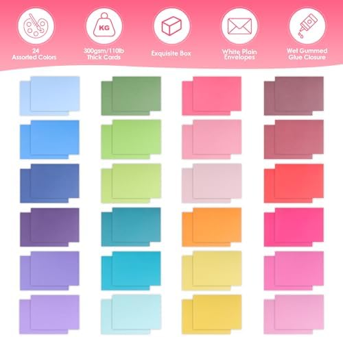 48 Pack Blank Folded Cards and Envelopes Colored Cards White Envelopes 5 x 7 Inch Colorful Greeting Cards 24 Assorted Colors Heavy Weight for Greeting,Invitation,Card Making - Image 3