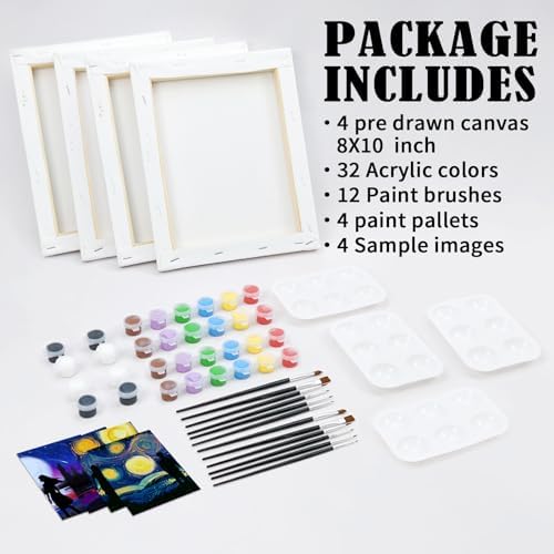VOCHIC 4 Pack Sip and Paint Kit Pre Drawn Canvas Painting for Adults, Couples Date Night Games Painting Kit Valentine Christmas Room Decor Gift Party Supplies Favor(8x10) - Image 5