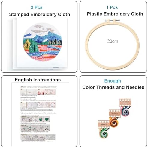 Konrisa 3 Pcs Landscape Embroidery Kits, Mountain Flower Village Pattern Cross Stitch Kit, DIY Sewing Practice Kits for Adults Home Decoration,Include Embroidery Cloth Threads and Needles,1pc Hoops - Image 2