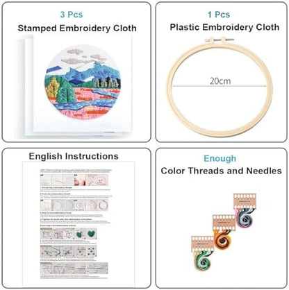 Konrisa 3 Pcs Landscape Embroidery Kits, Mountain Flower Village Pattern Cross Stitch Kit, DIY Sewing Practice Kits for Adults Home Decoration,Include Embroidery Cloth Threads and Needles,1pc Hoops - Image 2