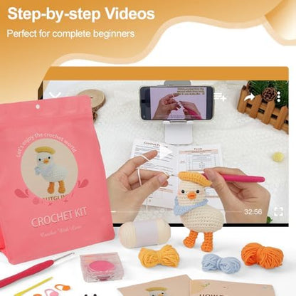 Autglint Duck Crochet Kit for Beginners Adults & Kids, Amigurumi Learn to Crochet Starter Kit with 4K Step-by-Step Video Tutorials, Includes Pre-Started Yarn, Crochet Hooks & Accessories - White Duck - Image 2