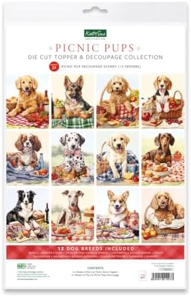 Katy Sue Designs Picnic Pups Die Cut Topper & Decoupage Collection. 4 Sheets of Dog-Themed Square Card Toppers & 4 Sheets of Matching Die Cut Decoupage Sheets for Card Making Supplies & Craft Supplies by KatySue