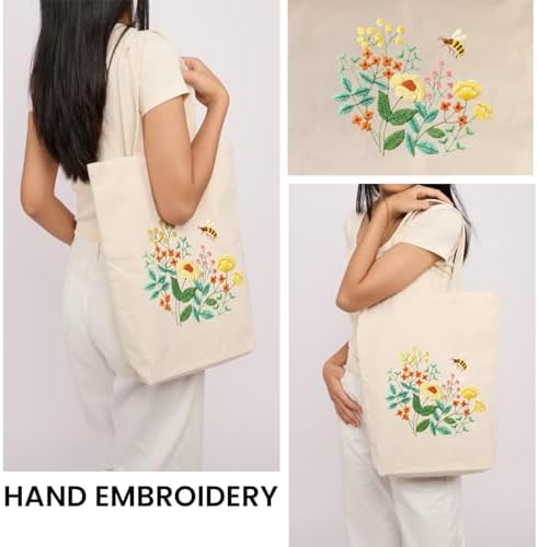 CREAWONDER Canvas Tote Bag Embroidery Kit with Pattern for Beginners, Arts and DIY Embroidery Crafts Kits for Adults, Include Instructions, Embroidery Hoops, Color Threads and Tool - Image 2