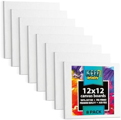 KEFF Canvas Boards for Painting - 12x12 8-Pack Bulk Canvas Panels, 100% Cotton Triple Primed Large Canvases for Art Painting Supplies, Acrylic, Oil, Watercolor & Tempera by KeffCreations